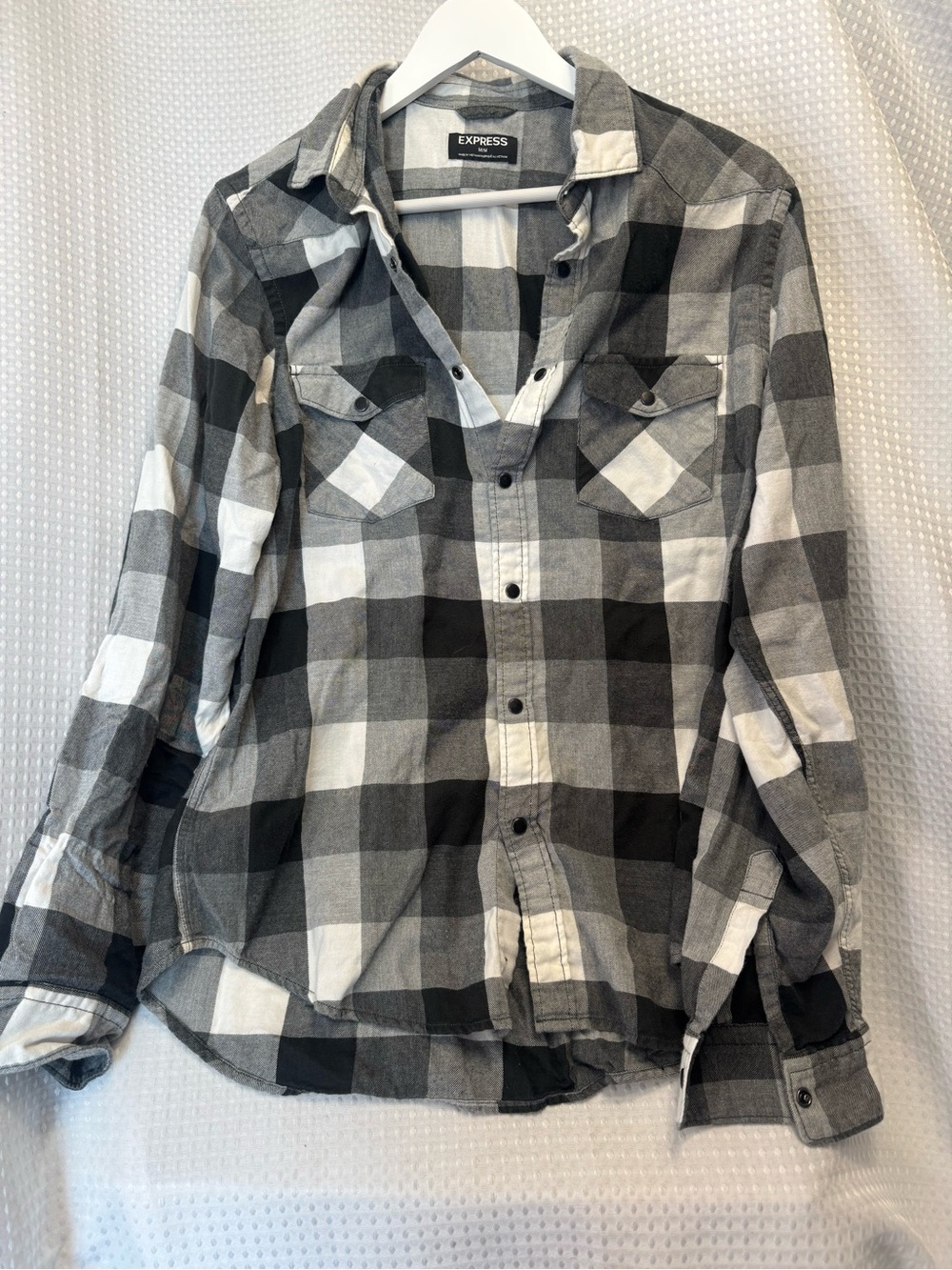 Express Men’s Black & White Buffalo Plaid Button-Up Shirt